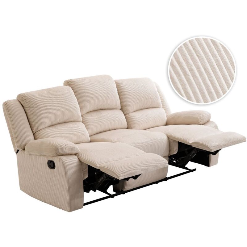 Loungitude – Canapé de relaxation manuel 3 places LEO – Velours côtelé beige – 2 assises inclinables – Fabrication européenne – Confort optimal