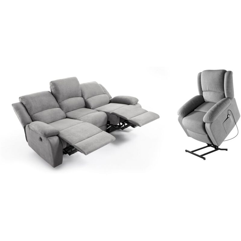 RELAXXO - Ensemble canapé relax électrique LEO 3 places + fauteuil releveur en microfibre grise