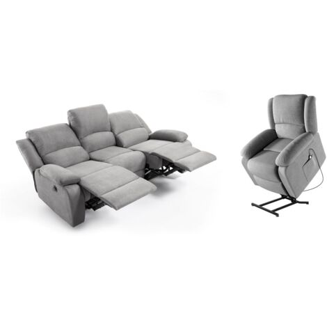 RELAXXO - Ensemble canapé relax électrique LEO 3 places + fauteuil releveur en microfibre grise
