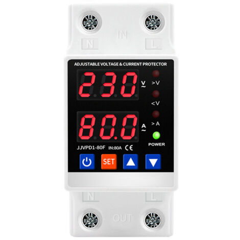 Relé digital ajustable de protección contra sobretensión y subtensión de 80 A con doble pantalla, montaje en riel DIN y limitación de corriente.