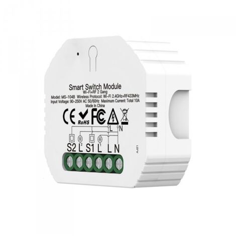 Relè Passo Passo Interruttore WIFI 2.4G+BLE+RF 433MHz, 2 Canali, Bluetooth BLE Mesh TUYA, Smart Life, 10A, AC 90-250V, 50/60HZ, 2200W, 53X48X18mm, IP20, SHB104B