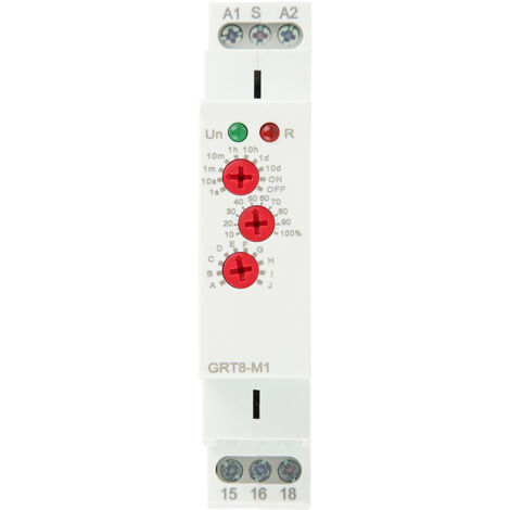 Relè temporizzato multifunzione GRT8-M1 con 10 funzioni, montaggio su guida DIN, 230 V CA.