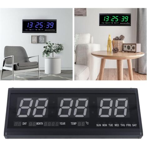 Reloj calendario, gran reloj eléctrico LED de pared con hora, fecha, temperatura, para casa, oficina, banco, 5 V, 48 x 19 x 3 cm, color azul