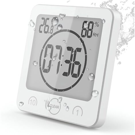 Reloj de baño digital con ventosa, pantalla LCD, muestra la humedad y la temperatura, con temporizador de cuenta regresiva, ideal para la ducha o la cocina. Color blanco.