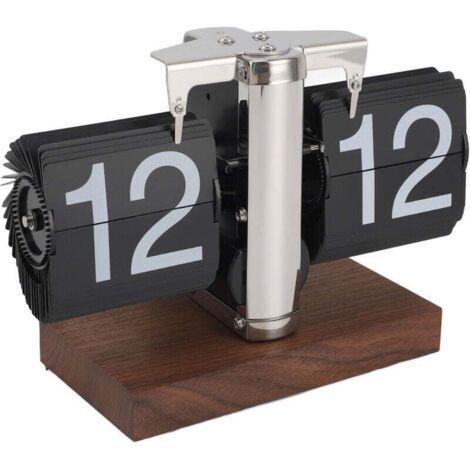 Reloj de escritorio mecánico automático de 24 horas con base de madera y acero inoxidable. Reloj de mesa digital retro vintage para oficina y hogar.