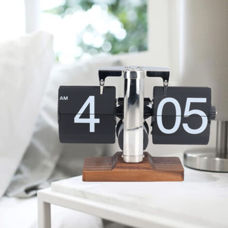 Reloj de mesa automático vintage con mecanismo plegable – movimiento de 12 horas – esfera digital de acero inoxidable y PVC con soporte de madera de nogal negro
