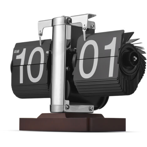 Reloj de mesa plegable vintage, PVC + aleación + madera, negro, visualización de 12/24 horas, esfera mecánica, función de giro, diseño retro, decoración de oficina [20,5 x 14,3 x 7 cm]