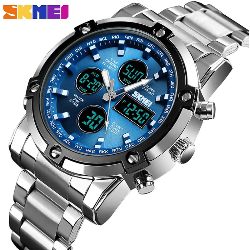 

Reloj de moda Tendencia Multifuncional Tres veces Dial grande Relojes electronicos de banda de acero para hombres de negocios,Plateado y azul