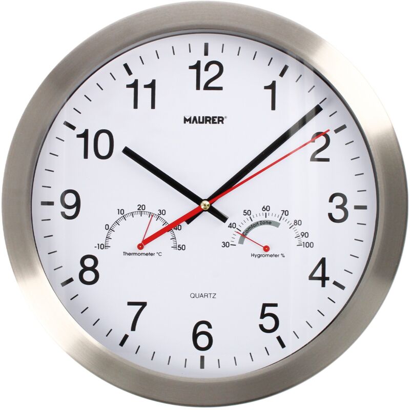 

Reloj de pared Ø 30 cm. con higrometro y termometro. frontal en acero