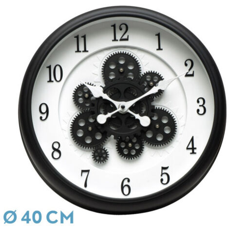 Reloj de pared BUBION negro blanco 40x40x7 cm engranajes con movimiento