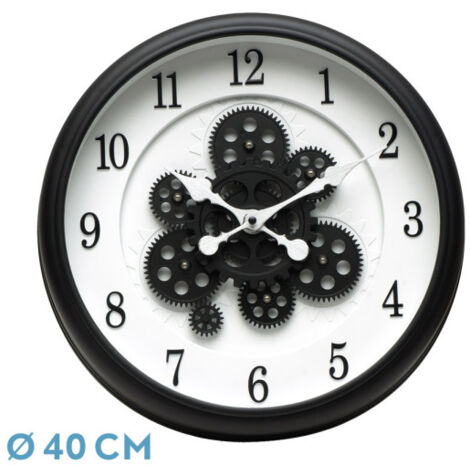 Reloj de pared BUBION negro blanco 40x40x7 cm engranajes con movimiento