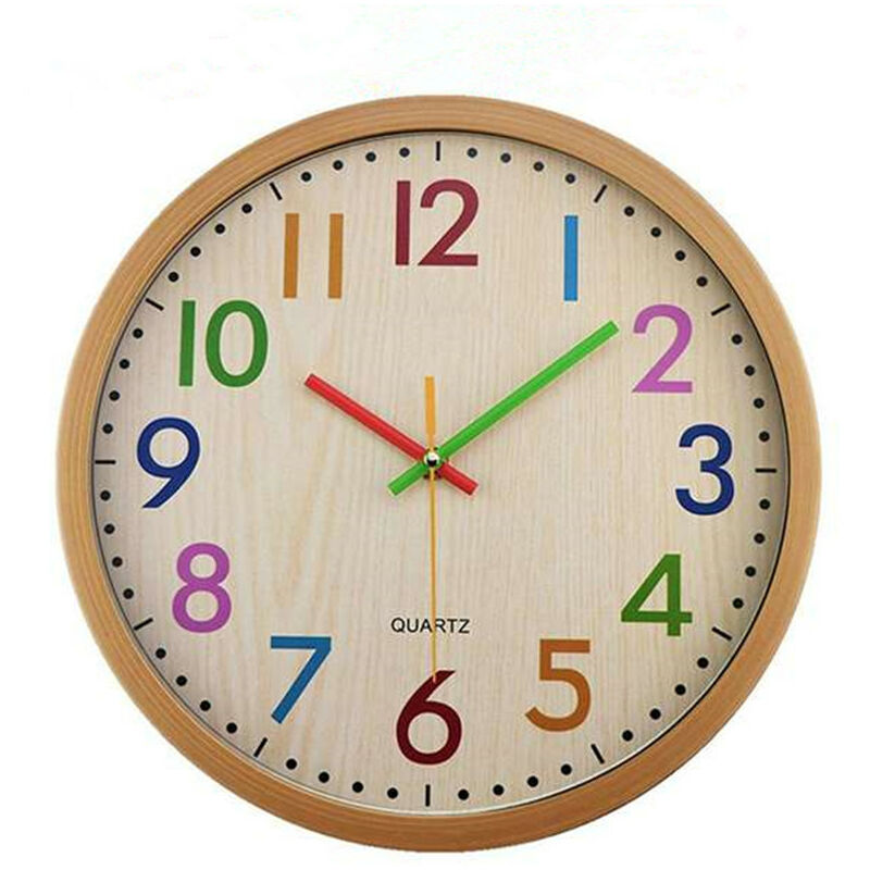 

Reloj de pared colorido decorativo silencioso sin tictac para niños para cocina, sala de estar, dormitorio, habitación de niños (color madera, 30 cm