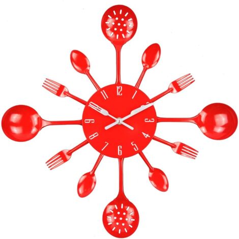 Reloj de pared Crediri de 40,6 cm con diseño de cubiertos, cuchara, tenedor y utensilios de cocina de metal, estilo antiguo, creativo y moderno (rojo)