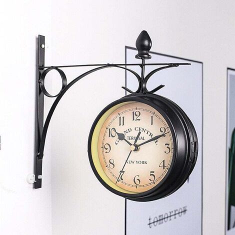 Reloj de pared de doble cara, reloj de jardín retro europeo con superficie de doble cristal, reloj colgante de decoración vintage con soporte, para interior y exterior (sin batería)