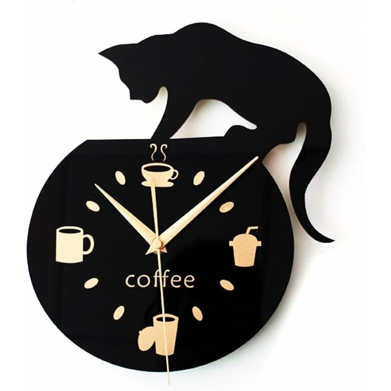 

Reloj de pared de estilo de dibujos animados con imagen de gato trepador, taza de café y letras 'Coffee'