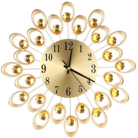 Reloj de pared de estilo europeo con cristales y flores de diamante, funciona con pilas, silencioso, decoración artística para el hogar, sala de estar, dormitorio, oficina (dorado)