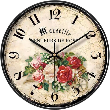 Reloj de pared de jardín de 12 pulgadas, flores coloridas, estilo retro chic, elegante y silencioso, sin tictac, adecuado para decorar la sala de estar, el dormitorio y la cocina.
