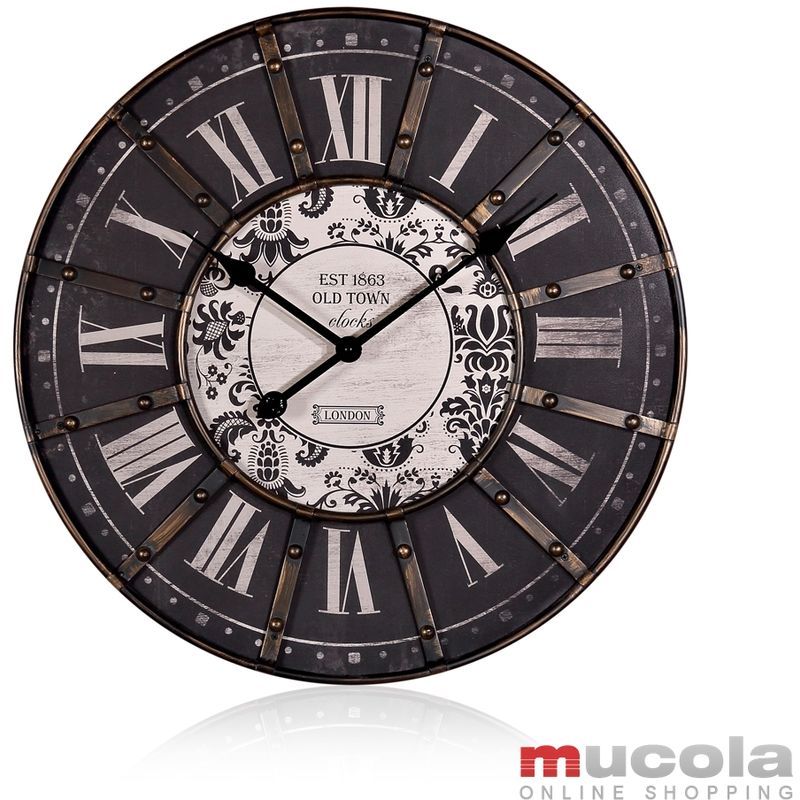 Reloj de pared Reloj decorativo Reloj de estación 60cm negro Marco de metal reloj antiguo xxl romano decoración interior casa diseño salón