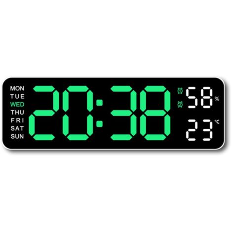 Reloj de pared digital de 23 cm (9 pulgadas) con temperatura, humedad, día, brillo autoajustable, alarma electrónica LED de 12/24 horas, luz verde, carcasa blanca.