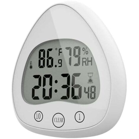 Reloj de pared digital KZQ para baño y ducha, silencioso, temporizador de cocina, resistente al agua y al polvo, con ventosa, sensor de temperatura y humedad (blanco)