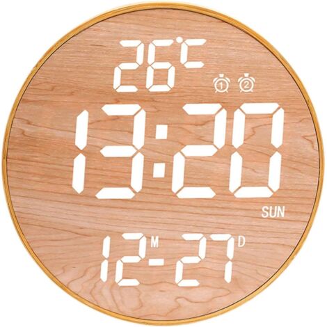Reloj de pared digital LED, despertador, brillo ajustable, pantalla, moderno reloj colgante para oficina y dormitorio, superficie de madera, luz blanca