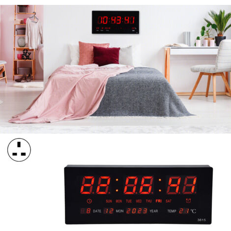 Reloj de pared digital LED – Pantalla nítida, precisión de +/- 0,3 segundos/día, carcasa de aluminio/plástico, 36,6 x 15,5 x 3 cm – Para oficina/sala de conferencias – Silencioso y brillante, 100–240 