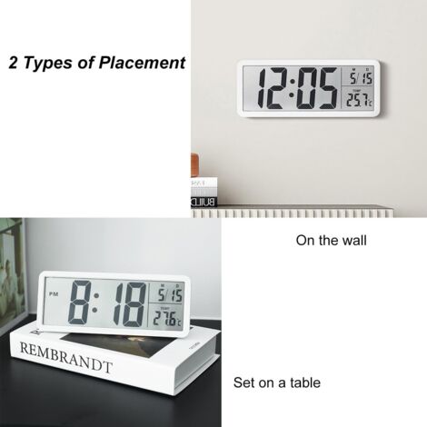 Reloj de pared electrónico LCD con selector °C/°F, temperatura, fecha, modo silencioso, visualización de 12/24 horas, dos opciones de instalación, fácil de usar en dormitorios y decoración de interior