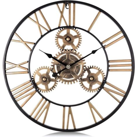 Reloj de pared gigante Crediri con engranaje dorado, de metal industrial, de cuarzo, de 50 cm, con números romanos, silencioso, para sala de estar, bar y restaurante.