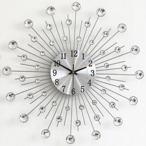 Reloj de pared gigante plateado con diamantes de imitación, silencioso, de metal, decoración nórdica moderna, diseño creativo para sala de estar, dormitorio, bar, 50 cm.