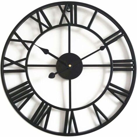 Reloj de pared grande de hierro retro, redondo, silencioso, a pilas, con números romanos, estilo vintage, para sala de estar, color negro (40 cm)