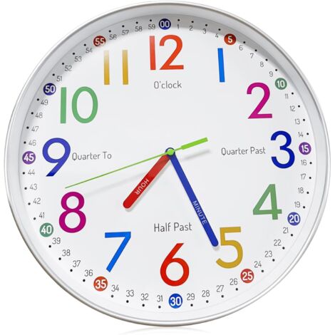 Reloj de pared infantil – Silencioso – 30 cm – Números multicolor – Para niñas y niños