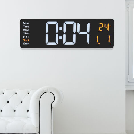 Reloj de pared LED grande con mando a distancia, pantalla de 39 cm, 10 niveles de brillo ajustables, indicador de fecha, indicador de temperatura, función de alarma.
