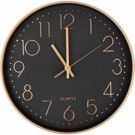 Reloj de pared moderno silencioso de cuarzo de 25 cm, redondo con números grandes (oro rosa)
