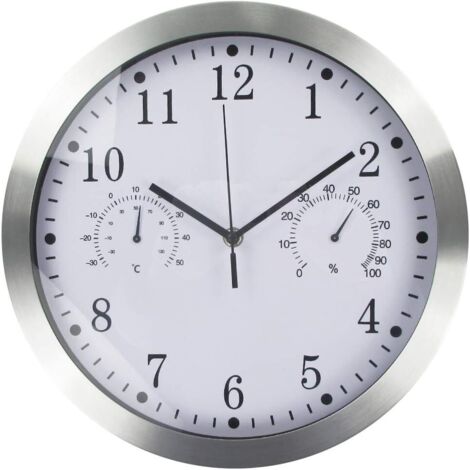Reloj de pared redondo de cuarzo, reloj de pared silencioso de aluminio para interiores con termómetro e higrómetro para sala de estar, cocina, oficina (plateado)