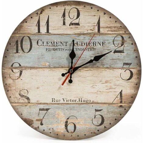 Reloj de pared redondo de madera vintage, silencioso, de 30 cm, con números arábigos, estilo rústico y elegante, para decoración del hogar (Victor Hugo)