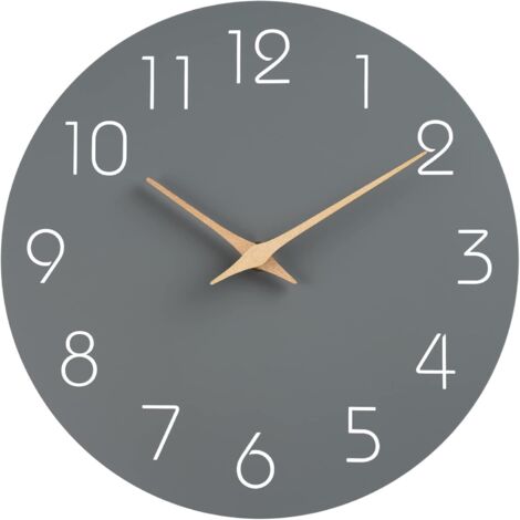 Reloj de pared silencioso sin tictac, decorativo para cocina, dormitorio, baño, oficina y salón. Funciona con pilas. 25 cm. Madera. Moderno y sencillo (gris).