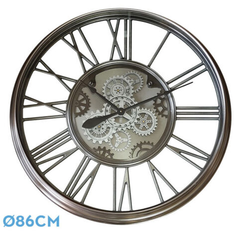 Reloj de pared TURIN níquel 86x86x8.5 cm engranajes con movimiento