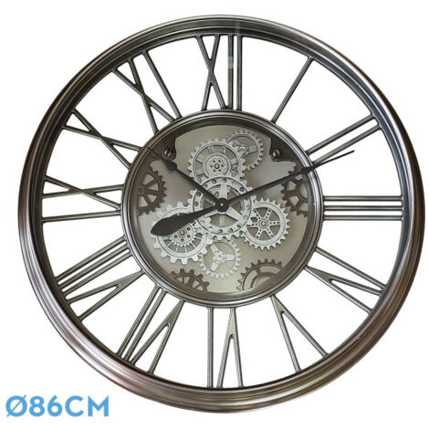 Reloj de pared TURIN níquel 86x86x8.5 cm engranajes con movimiento