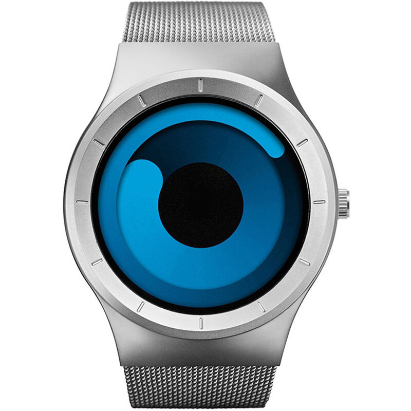 

Reloj de personalidad de moda con esfera de acero inoxidable resistente al agua para hombre con correa de malla plateada con superficie azul