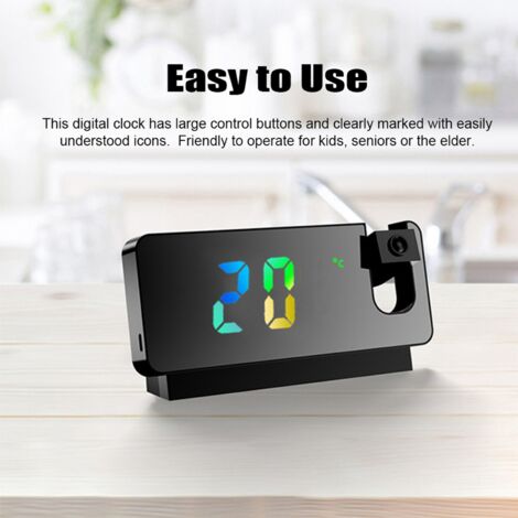[Reloj de proyección] Reloj de proyección digital (186 mm) con gran pantalla LED a color, proyector giratorio de 180°, visualización de temperatura en formato de 12/24 horas, para montaje en pared o t