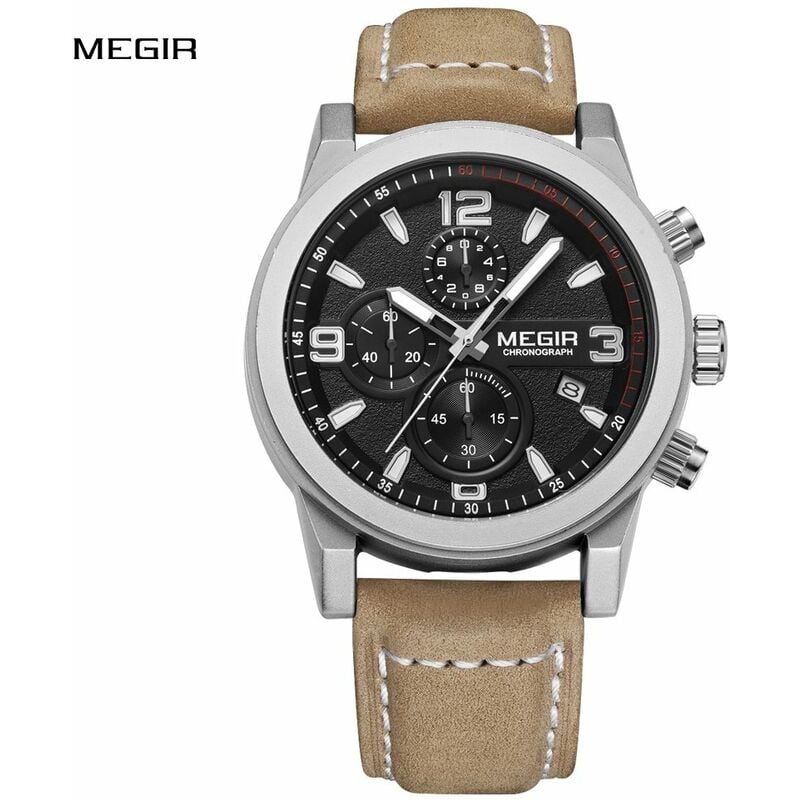 

Reloj de pulsera de cuarzo analogico de cuero genuino suave clasico bien hecho MEGIR Reloj de hombre resistente al agua 3ATM con subesfera, marron y