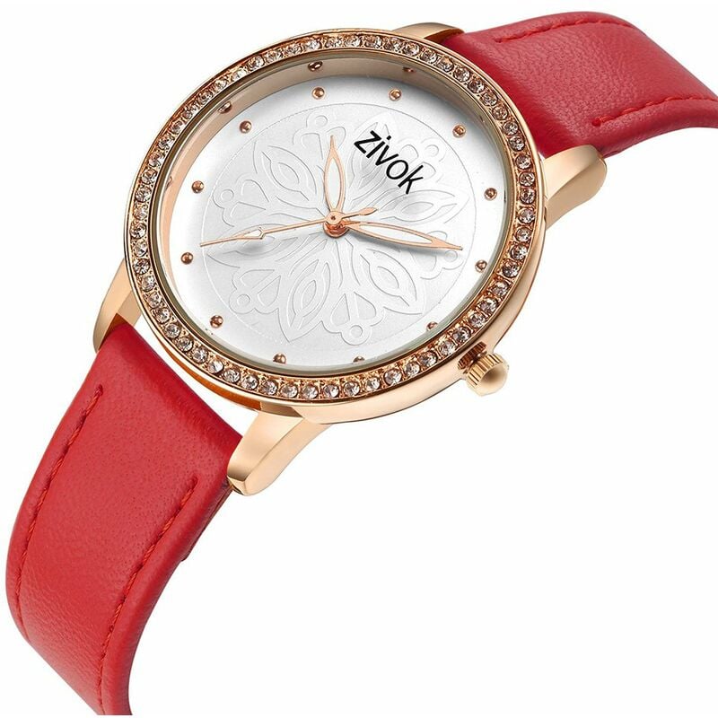 

Reloj de pulsera de cuarzo 8018 para mujer, cuero de PU, reloj de esfera de flores con talla dimensional vintage, pantalla de hora mundial con caja