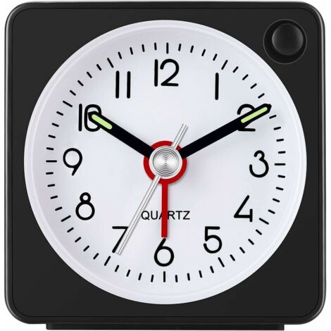 Reloj despertador analógico de viaje, ultracompacto con función de repetición y luz, súper silencioso (negro)