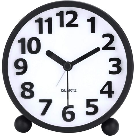 Reloj despertador analógico silencioso de metal negro con dígitos 3D grandes, función de repetición, luz nocturna, reloj de mesa sin tictac, despertador de noche, 10,5 cm