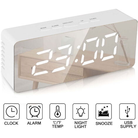 Reloj despertador con alimentación, moderno reloj de espejo portátil a batería, gran pantalla LED digital, función de repetición inteligente multifunción de 12/24 horas, pantalla de temperatura, brill