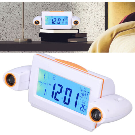Reloj despertador con proyección LED sin luz, luz nocturna, control por voz, función de carga inductiva y visualización de temperatura (ABS, AAA), blanco-naranja.