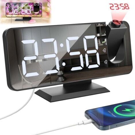 Reloj despertador con proyector digital, alarma dual y pantalla LED de espejo, 7 botones, modo de repetición, 4 niveles de brillo, pantalla de 12/24 h, para el hogar y la oficina.