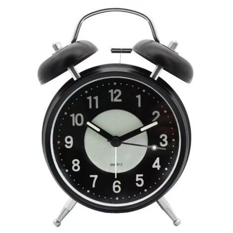 Reloj despertador de doble campana con alarma silenciosa luminosa, movimiento de cuarzo electrónico retro, sin tictac, para dormitorio, sala de estar, negro.