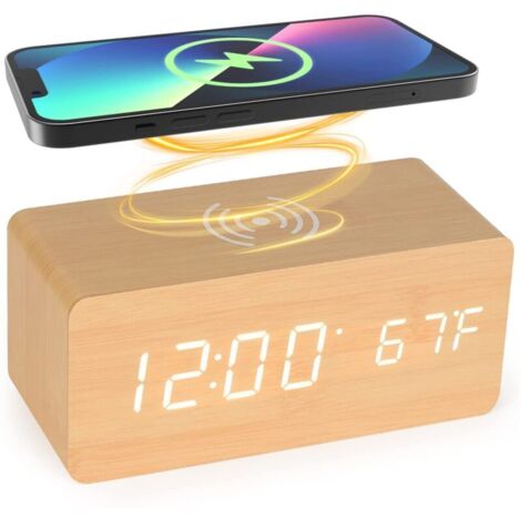 Reloj despertador de madera con cargador inalámbrico Qi compatible con iPhone y Samsung. Reloj digital LED de madera con función de control de sonido, hora, fecha y temperatura para dormit