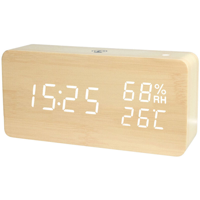 

Reloj despertador de madera digital LED, carga USB o suministro de bateria,Madera y blanco